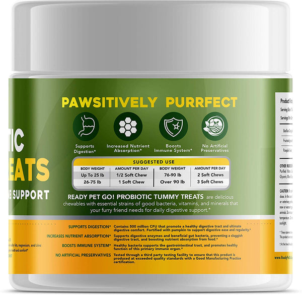 Ready Pet Go! Dog Probiotics - Digestive Enzymes for Dogs - Dog Diarrhea, Dog Breath Treats, Upset Stomach, Gas + Constipation Relief - Allergy & Immune + Hot Spots - Dog Supplements - 90 Dog Chews