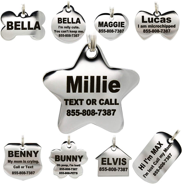 Stainless Steel Pet ID Tags - Engraved Personalized Dog Tags, Cat Tags Front & Back up to 8 Lines of Text – Bone, Round, Heart, Flower, Badge, House, Star, Rectangle, Bow Tie