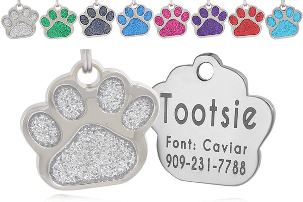 io tags Pet ID Tags, Personalized Dog Tags and Cat Tags, Custom Engraved, Easy to Read, Cute Glitter Paw Pet Tag