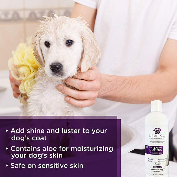 Lillian Ruff Brightening & Whitening Shampoo for Dogs – Safe for Cats - Tear Free Coconut Scent with Aloe for Normal, Dry & Sensitive Skin – Adds Shine & Luster to Coats