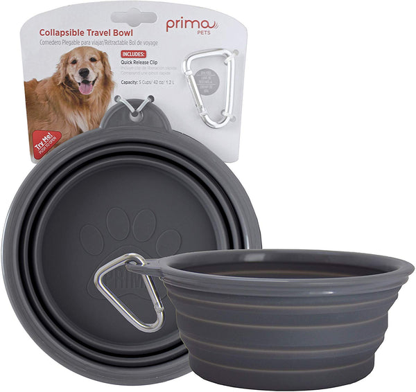 Prima Pets Collapsible Silicone Food & Water Travel Bowl with Clip for Dog and Cat, Small (1.5 Cups) & Large (5 Cups)