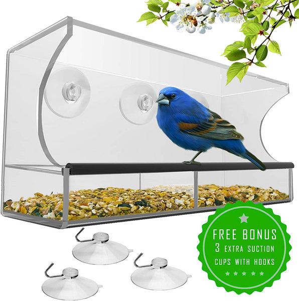 Window Bird Feeder with Strong Suction Cups and Seed Tray, Outdoor Birdfeeders for Wild Birds, Finch, Cardinal, and Bluebird. Large Outside Hanging Birdhouse Kits, Drain Holes, 3 Extra Suction Cups