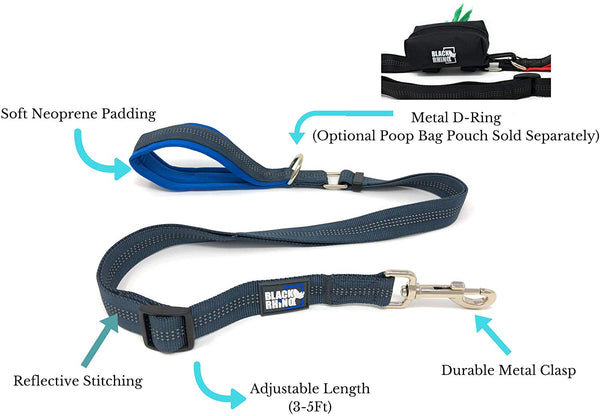 Black Rhino – Dog Leash Adjustable Length (3-5 Feet) with Soft Neoprene Padded Handle | Heavy Duty Lead for Easy Control | Small Medium Large Breeds | Reflective Stitching