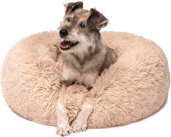 Friends Forever Donut Cat Bed, Faux Fur Dog Beds for Medium Small Dogs - Self Warming Indoor Round Pillow Cuddler Pink & Tan