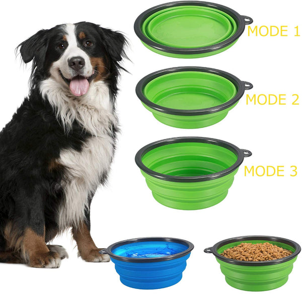 COMSUN 2-Pack Extra Large Size Collapsible Dog Bowl, Food Grade Silicone BPA Free, Foldable Expandable Cup Dish for Pet Cat Food Water Feeding Portable Travel Bowl Blue and Green Free Carabiner