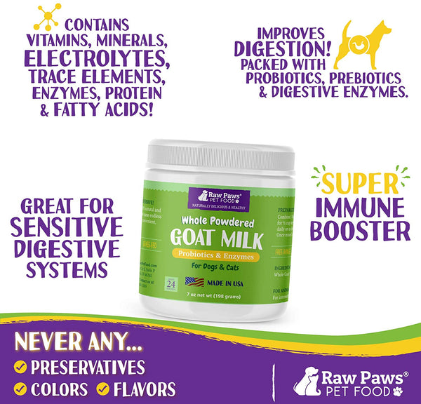 Raw Paws Frozen Raw & Powdered Goat Milk for Dogs & Cats - Made in USA - Milk Replacer for Puppies & Kittens - Goats Milk Supplement for Pets - Pet Food Topper & Enhancer