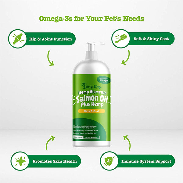 Zesty Paws Pure Wild Alaskan Salmon Oil with Hemp for Dogs & Cats - Omega 3 & 6 Fish Oil Pet Supplement with EPA & DHA - Anti Itching Skin & Coat Care + Hip & Joint Health - Heart & Immune Support