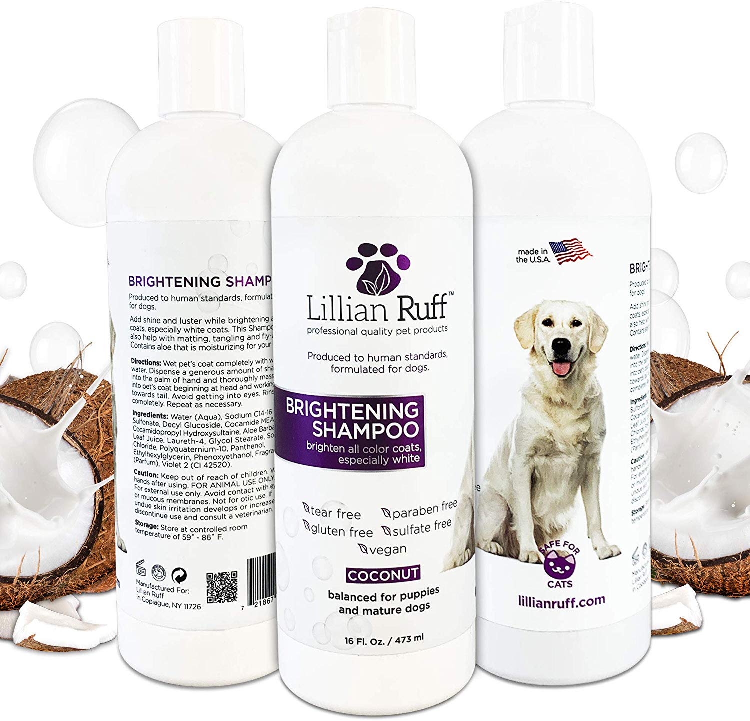 Lillian Ruff Brightening & Whitening Shampoo for Dogs – Safe for Cats - Tear Free Coconut Scent with Aloe for Normal, Dry & Sensitive Skin – Adds Shine & Luster to Coats