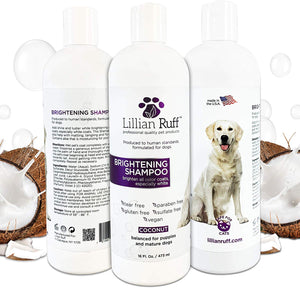 Lillian Ruff Brightening & Whitening Shampoo for Dogs – Safe for Cats - Tear Free Coconut Scent with Aloe for Normal, Dry & Sensitive Skin – Adds Shine & Luster to Coats