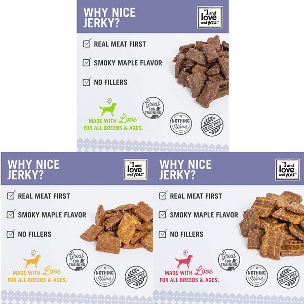 "I and love and you" Nice Jerky Bites - Grain Free Dog Treats (Variety of Flavors)