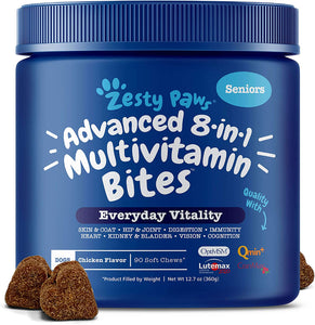 Zesty Paws Senior Advanced Multivitamin for Dogs - Glucosamine Chondroitin for Hip & Joint Arthritis Relief - Dog Vitamins & Fish Oil for Skin & Coat - Digestive Enzymes MSM + CoQ10