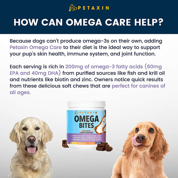 Petaxin Omega Fish Oil for Dogs - Skin and Coat Supplement Chews with EPA, DHA, and Omega-3 Fatty Acids - for Shiny Coats, Itch Free Skin, Hip & Joint Support, Heart & Brain Health - 120 Soft Chews