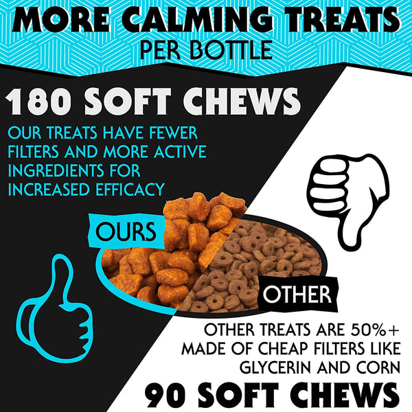 Hemp Calming Treats for Dogs - Made in USA - 180 Soft Dog Calming Treats - Aids Stress, Anxiety, Storms, Barking, Separation and More - Valerian Root, L-Tryptophan, Chamomile - Hemp Oil for Dogs