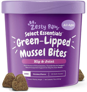 Zesty Paws New Zealand Green Lipped Mussel Chewable Treats for Dogs - with Natural Glucosamine & Chondroitin + Omega-3 Fatty Acids & Protein - Dog Hip & Joint Support Supplement Soft Chews