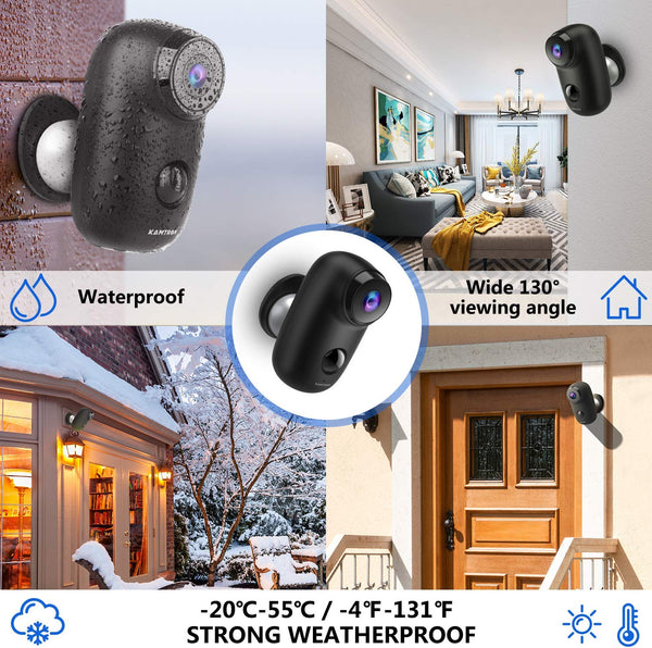 Wireless Outdoor Security Camera, KAMTRON 1080P Home Security Rechargeable Battery Powered Camera 2.4G WiFi with Night Vision, Motion Detection and 2-Way Audio, IP65 Waterproof,Cloud Service, Black