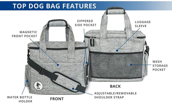 Top Dog Travel Bag - Airline Approved Travel Set for Dogs Stores All Your Dog Accessories - Includes Travel Bag, 2X Food Storage Containers and 2X Collapsible Dog Bowls - Gray