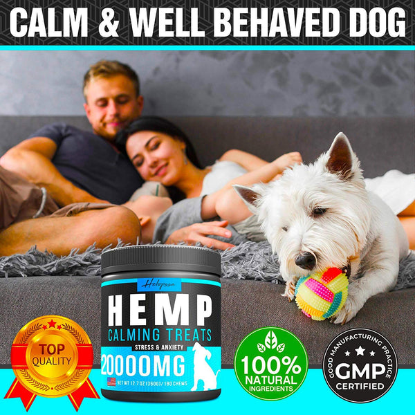 Hemp Calming Treats for Dogs - Made in USA - 180 Soft Dog Calming Treats - Aids Stress, Anxiety, Storms, Barking, Separation and More - Valerian Root, L-Tryptophan, Chamomile - Hemp Oil for Dogs