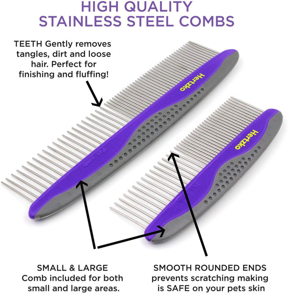 Hertzko 2 Pack Pet Combs Small & Large Comb Included for Both Small & Large Areas -Removes Tangles, Knots, Loose Fur and Dirt. Ideal for Everyday Use for Dogs and Cats with Short or Long Hair