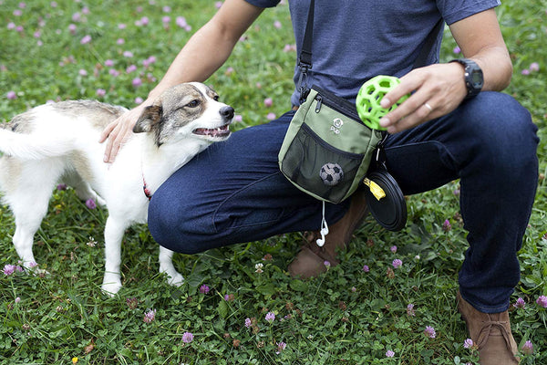 Pup Pouch Nookoo Large Dog Walking Training Treat Bag w/Collapsible Water Bowl - Built-in Waste Bag Dispenser - Carries Phone, Toys, Kibble, Treats - 3 Ways to Wear - Olive Green