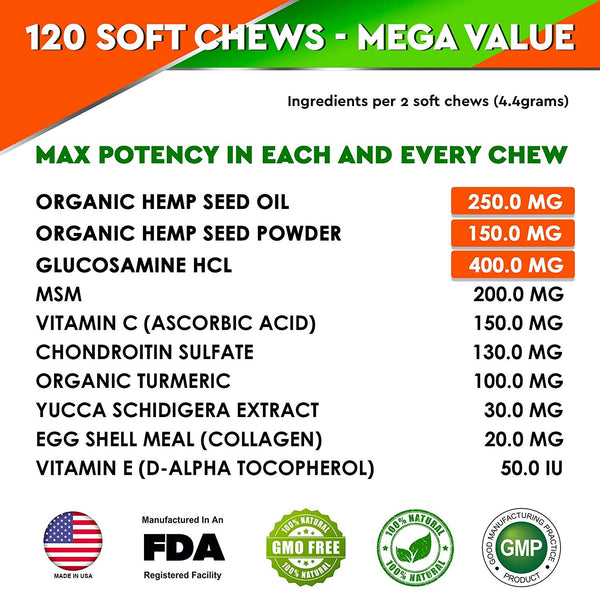 GOODGROWLIES Hemp Hip & Joint Supplement for Dogs - Made in USA - Glucosamine - MSM - Turmeric - Hemp Seed Oil Infused Treats - Natural Joint Pain Relief & Mobility - 120 Soft Chews