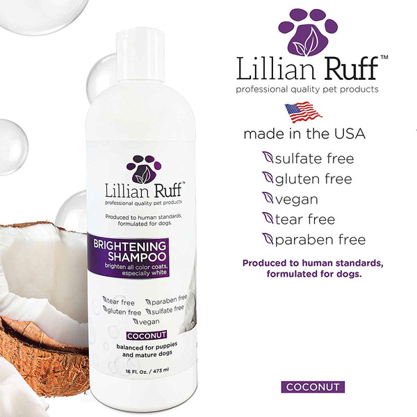 Lillian Ruff Brightening & Whitening Shampoo for Dogs – Safe for Cats - Tear Free Coconut Scent with Aloe for Normal, Dry & Sensitive Skin – Adds Shine & Luster to Coats