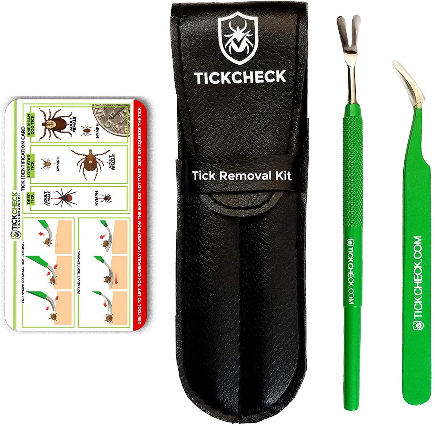 TickCheck Premium Tick Remover Kit - Stainless Steel Tick Remover + Tweezers, Leather Case Free Pocket Tick Identification Card