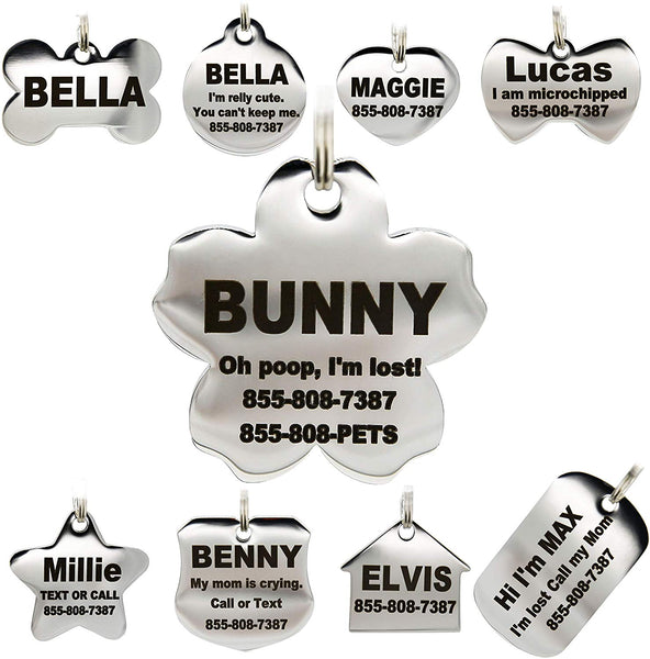 Stainless Steel Pet ID Tags - Engraved Personalized Dog Tags, Cat Tags Front & Back up to 8 Lines of Text – Bone, Round, Heart, Flower, Badge, House, Star, Rectangle, Bow Tie