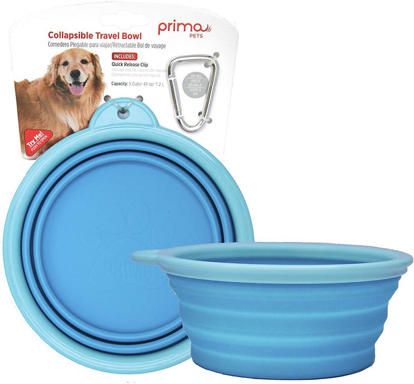 Prima Pets Collapsible Silicone Food & Water Travel Bowl with Clip for Dog and Cat, Small (1.5 Cups) & Large (5 Cups)