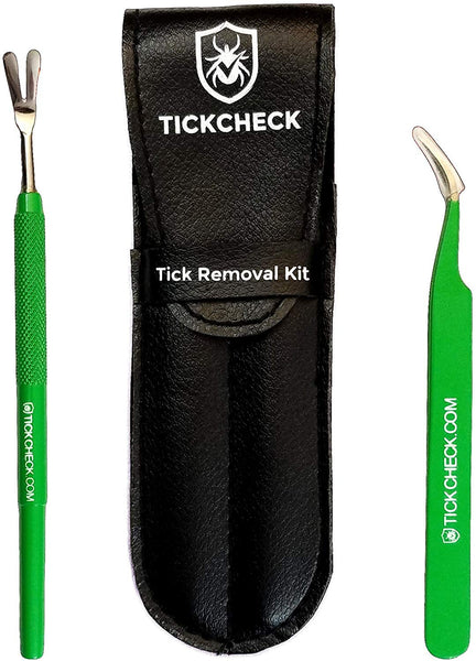 TickCheck Premium Tick Remover Kit - Stainless Steel Tick Remover + Tweezers, Leather Case Free Pocket Tick Identification Card