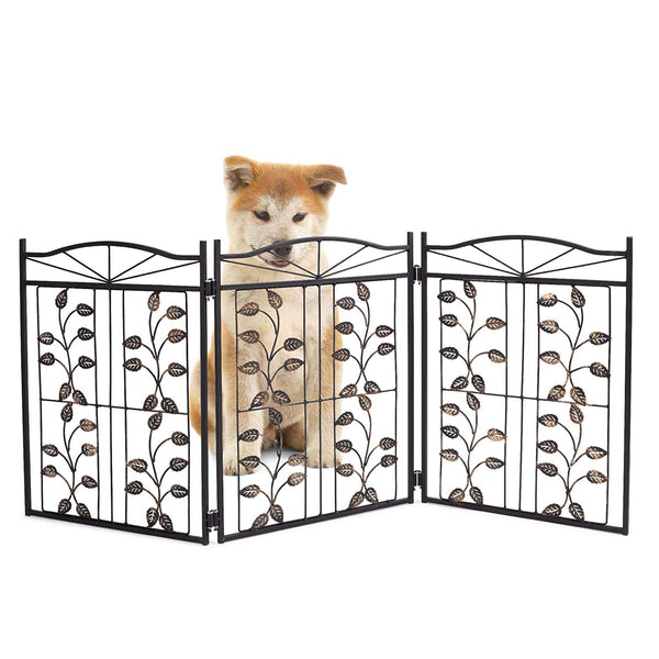 Hoovy Freestanding Metal Pet Gate: Foldable & Extendable Dog & Puppy Gate for Home & Office Use | Keeps Pets Safe | No Assembly Required | Portable & Durable Design (Metal Leaf Design)