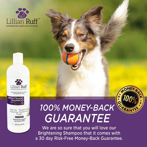 Lillian Ruff Brightening & Whitening Shampoo for Dogs – Safe for Cats - Tear Free Coconut Scent with Aloe for Normal, Dry & Sensitive Skin – Adds Shine & Luster to Coats