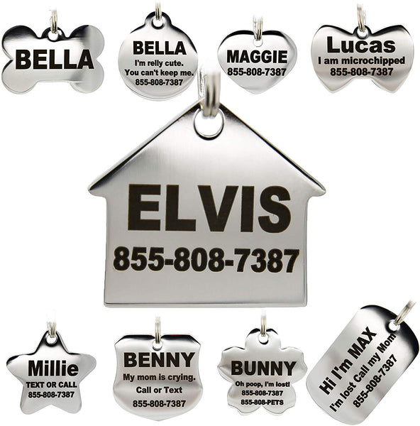 Stainless Steel Pet ID Tags - Engraved Personalized Dog Tags, Cat Tags Front & Back up to 8 Lines of Text – Bone, Round, Heart, Flower, Badge, House, Star, Rectangle, Bow Tie