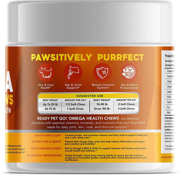 Ready Pet Go! Omega 3 for Dogs - Dog Shedding, Skin Allergy, Itch Relief, Mange and Hot Spots Treatment - EPA & DHA - Natural Joint Supplement for Dogs, Heart and Brain Health - 90 Fish Oil Soft Chews