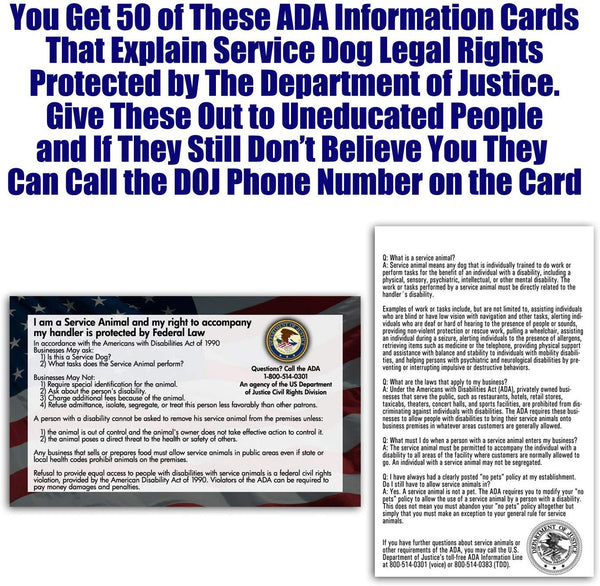 Service Dog Cards - 50 ADA Service Dog Information Cards State Your Rights - Service Dog ADA Info Cards state your legal rights - Give them to people that don't know your rights which allow you to bring your dog anywhere