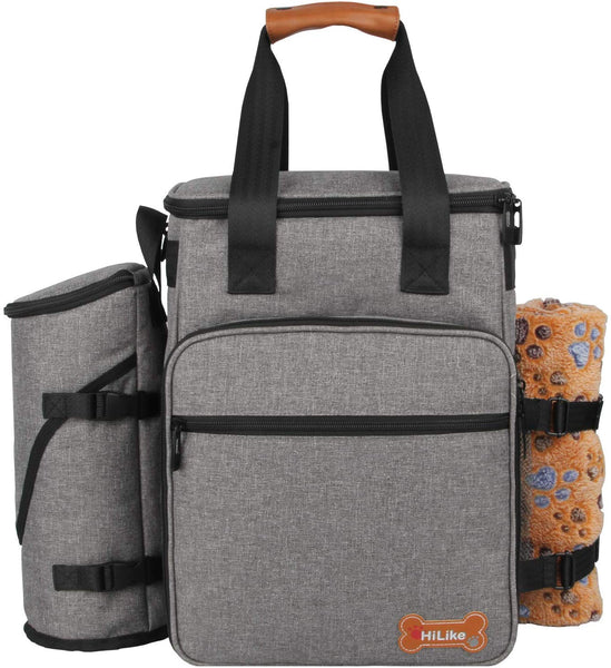 Hilike Premium Pet Travel Bag for Dog & Cat-Week Away Tote Organizer Bag for Dogs Travel-Includes 1 Dog Tote Bag,1 Dog Food Carrier Bag, 2 Silicone Collapsible Bowls,1 Blanket,1 Frisbee(Grey)