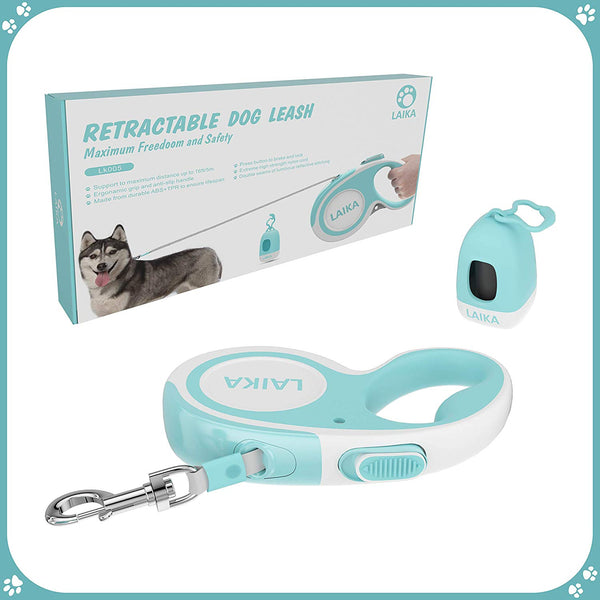 LAIKA Retractable Dog Leash with Waste Bag Dispenser, Tangle-Free 16ft Heavy Duty Durable Dog Walking Leash for Medium Large Breed Dogs Up to 110lbs - Reflective Stitching Nylon Ribbon