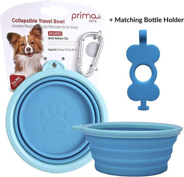 Prima Pets Collapsible Silicone Food & Water Travel Bowl with Clip for Dog and Cat, Small (1.5 Cups) & Large (5 Cups)