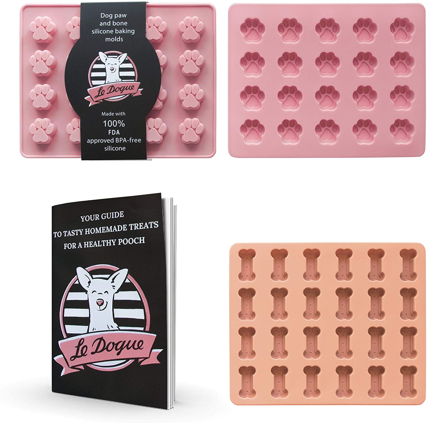 Dog Treat Molds - Paw and Bone Silicone Dog Treat Molds, Mini Sized, with Healthy Recipe Booklet, For Puppy Treats, Cookies, Chocolate, Candy and Dog Ice Cubes, Food Grade Silicone Trays