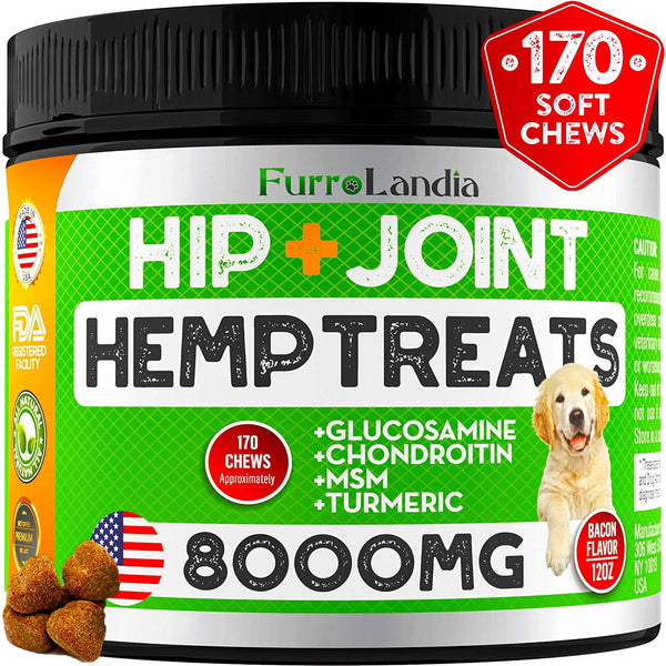 FurroLandia Hemp Hip & Joint Supplement for Dogs - 170 Soft Chews - Made in USA - Glucosamine for Dogs - Chondroitin - MSM - Turmeric - Hemp Seed Oil - Natural Pain Relief & Mobility