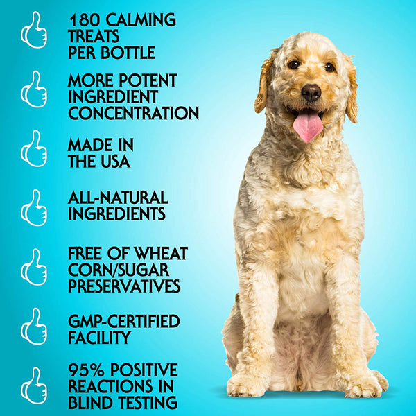 Hemp Calming Treats for Dogs - Made in USA - 180 Soft Dog Calming Treats - Aids Stress, Anxiety, Storms, Barking, Separation and More - Valerian Root, L-Tryptophan, Chamomile - Hemp Oil for Dogs