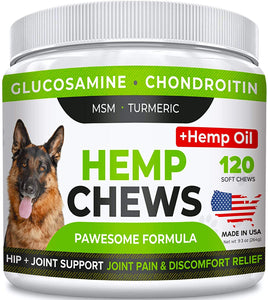 StrellaLab Hemp Treats + Glucosamine for Dogs - Hip & Joint Supplement -  w/Hemp Oil + Protein - Chondroitin, MSM, Turmeric to Improve Mobility &  Energy - Natural Joint Pain Relief, 120 Chews