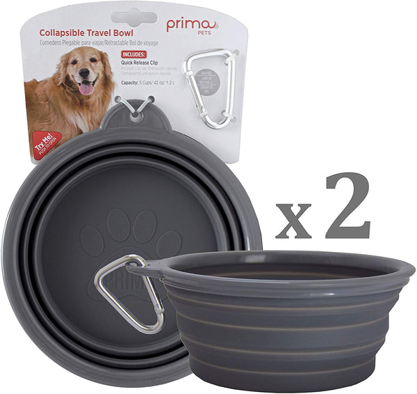 Prima Pets Collapsible Silicone Food & Water Travel Bowl with Clip for Dog and Cat, Small (1.5 Cups) & Large (5 Cups)