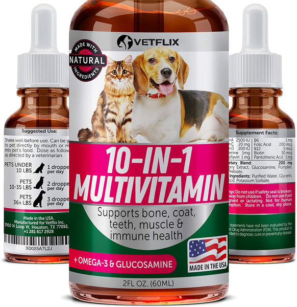 VETFLIX Pet Vitamins 10 in 1 - Made in USA - Glucosamine For Dogs & Cats - Dog Supplement for Pet Joint Health - Natural Cat & Dog Multivitamin - All Ages & Breeds - Folic Acid For Cats & Dogs Immune