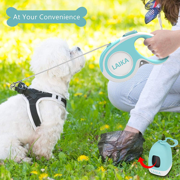 LAIKA Retractable Dog Leash with Waste Bag Dispenser, Tangle-Free 16ft Heavy Duty Durable Dog Walking Leash for Medium Large Breed Dogs Up to 110lbs - Reflective Stitching Nylon Ribbon