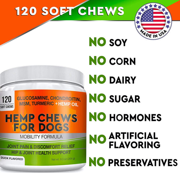 GOODGROWLIES Hemp Hip & Joint Supplement for Dogs - Made in USA - Glucosamine - MSM - Turmeric - Hemp Seed Oil Infused Treats - Natural Joint Pain Relief & Mobility - 120 Soft Chews