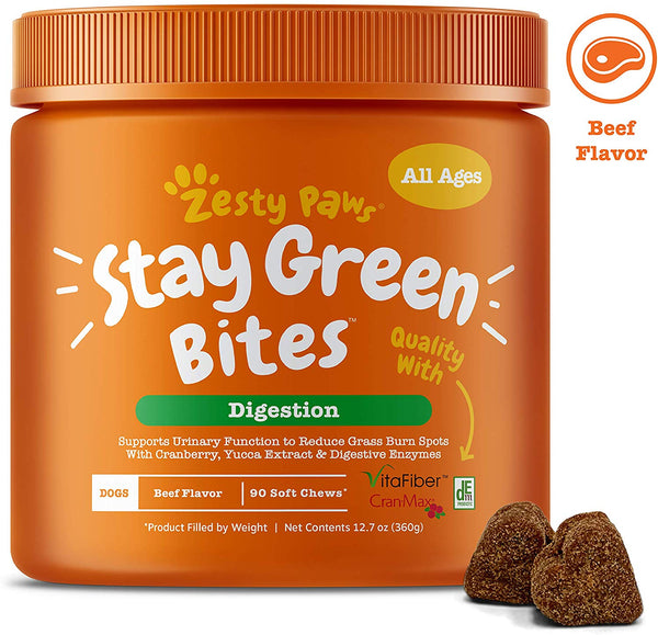 Zesty Paws Stay Green Bites for Dogs - Grass Burn Soft Chews for Lawn Spots Caused by Dog Urine - Cran-Max Cranberry for Urinary Tract & Bladder - with Apple Cider Vinegar + Digestive Enzymes - 90 Ct