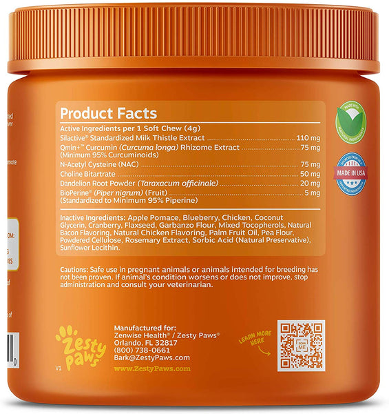 Zesty Paws Liver Support Supplement for Dogs - with Milk Thistle Extract, Turmeric Curcumin, Cranberry & Choline - Natural & Grain Free Soft Chew Formula - for Dog Liver Function & Detox