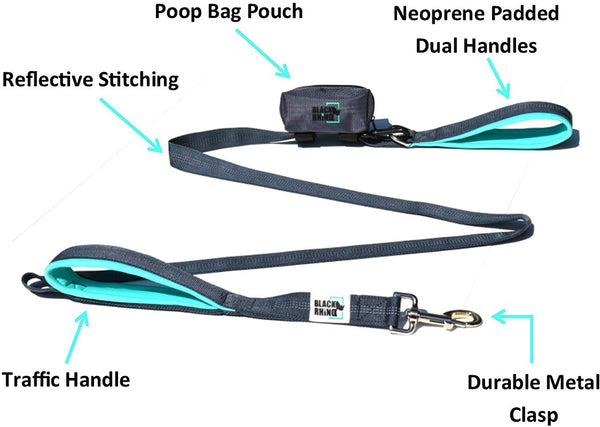 Black Rhino Dog Leash - Heavy Duty - Medium & Large Dogs | 6ft Long Leashes | Two Traffic Padded Comfort Handles for Safety Control Training - Double Handle Reflective Lead