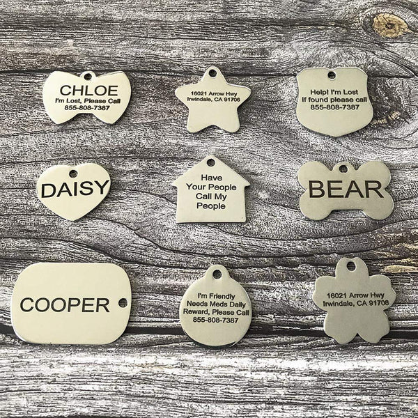 Stainless Steel Pet ID Tags - Engraved Personalized Dog Tags, Cat Tags Front & Back up to 8 Lines of Text – Bone, Round, Heart, Flower, Badge, House, Star, Rectangle, Bow Tie