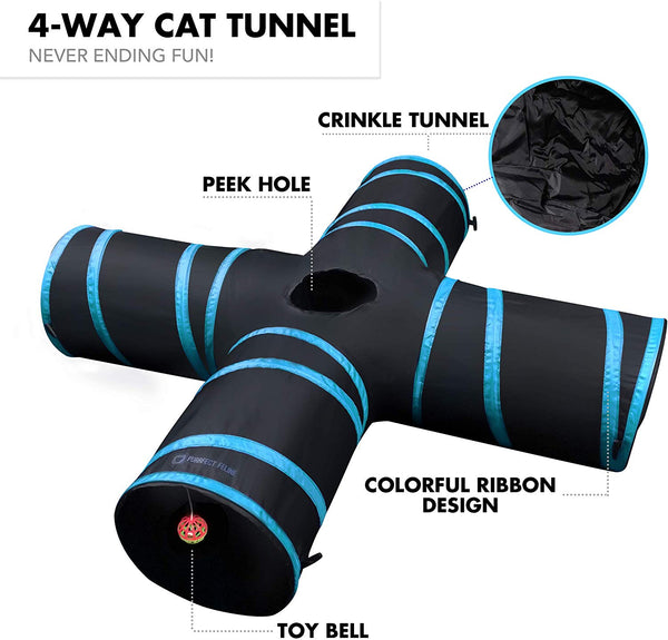 Purrfect Feline Cat Tunnel Design, Collapsible 4-Way Cat Tunnel Toy Crinkle (Medium Large Sizes)